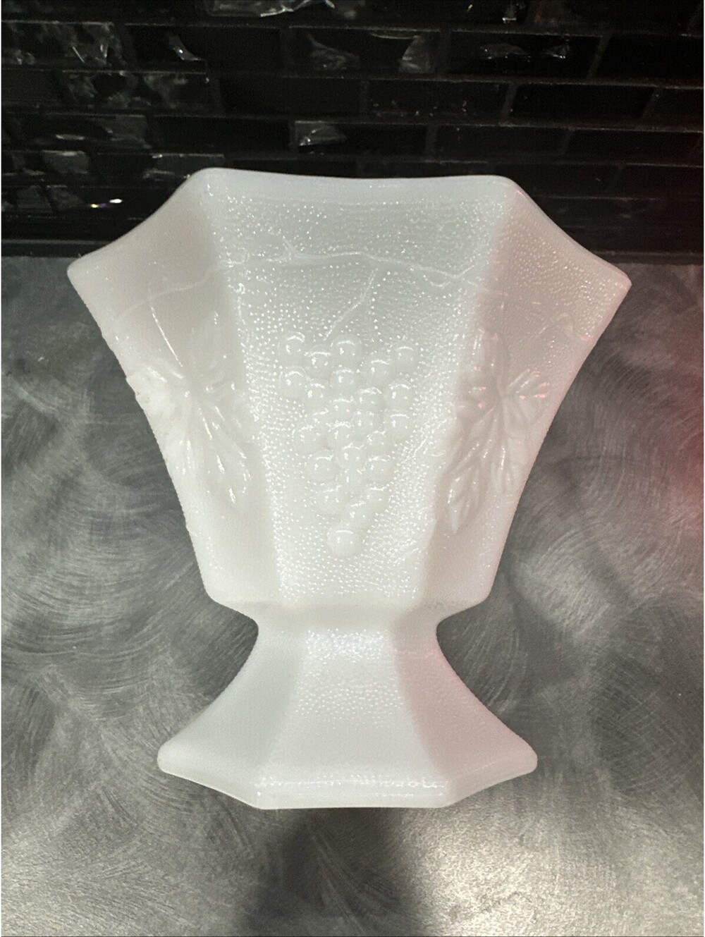 Vintage Octagonal Grape Leaf Milk Glass Footed Pedestal Vase
